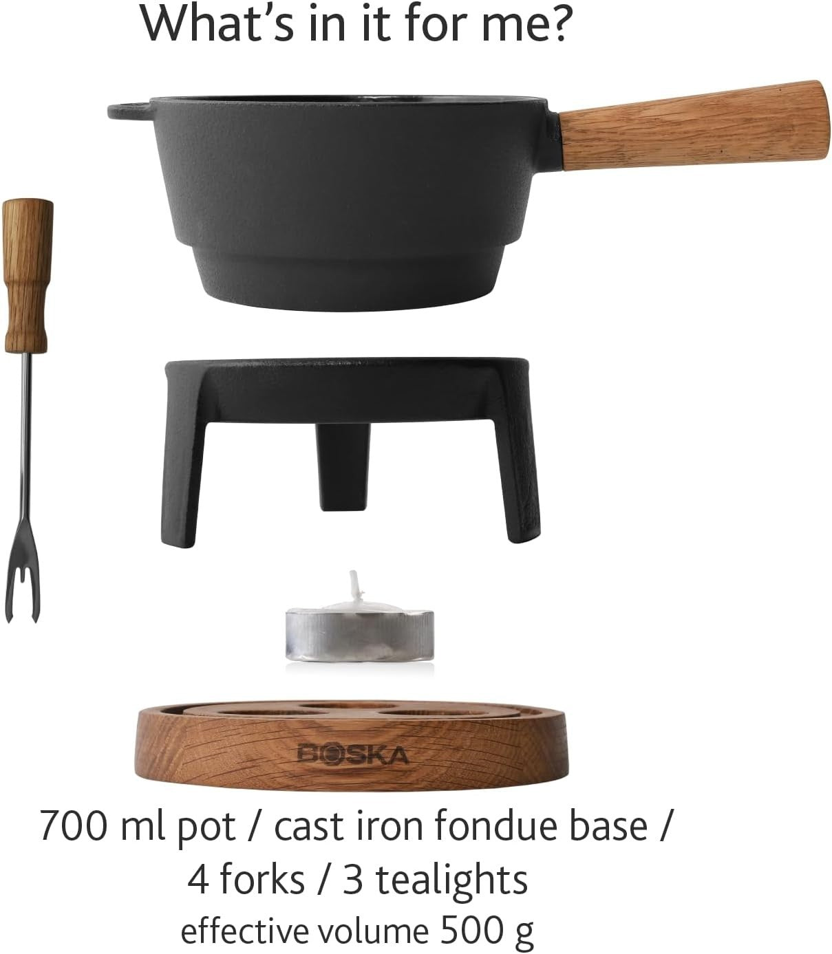 Cast Iron Cheese Fondue Set 700ml Tealight Pot 4 Forks Oak Base