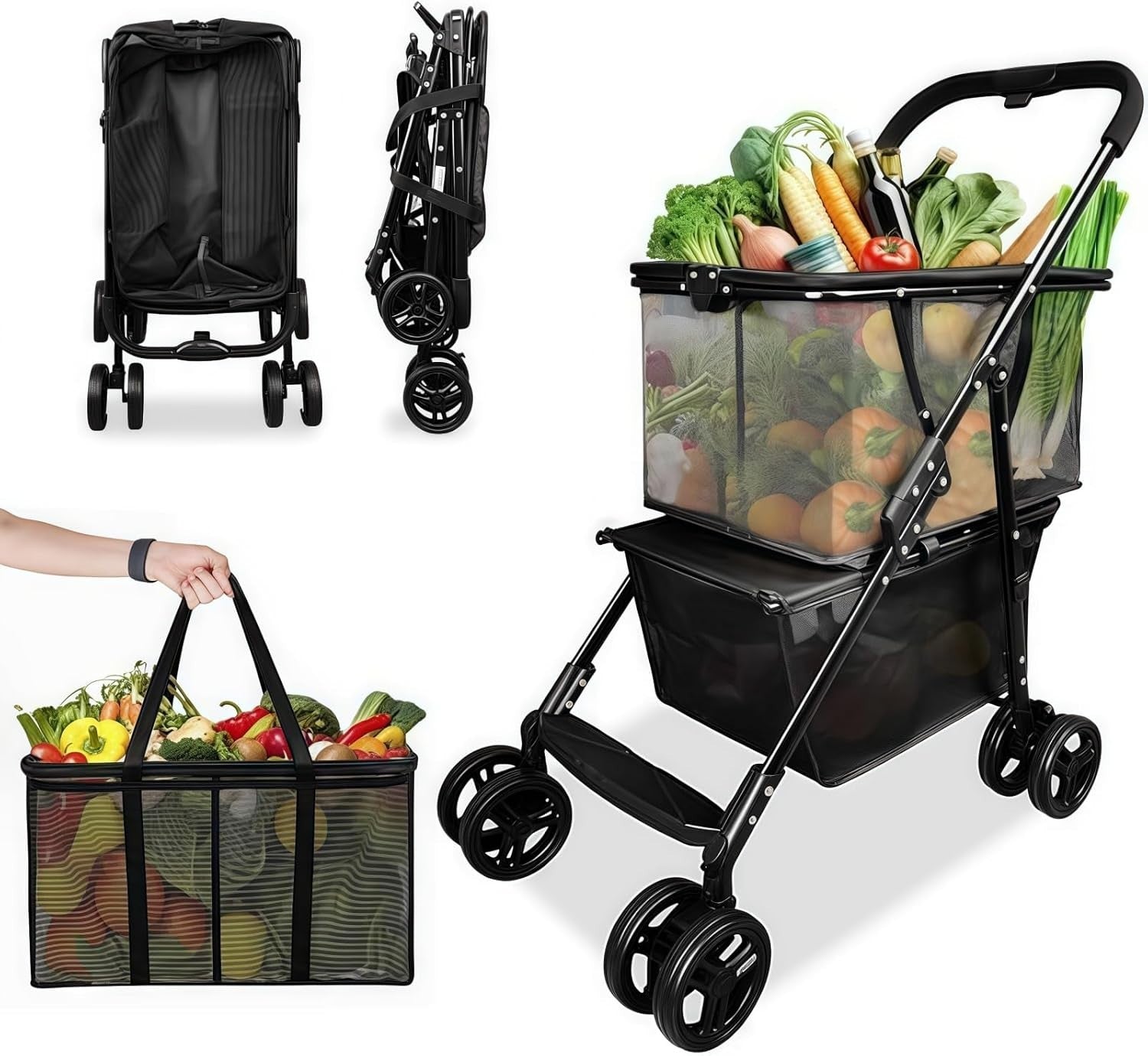 Folding Shopping Cart 80lb Collapsible Two Tier Swivel Wheel Trolley