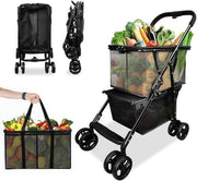 Folding Shopping Cart 80lb Collapsible Two Tier Swivel Wheel Trolley