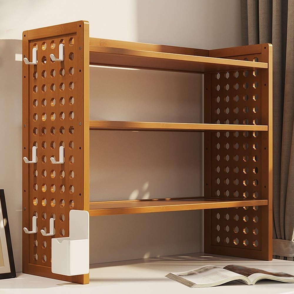 3-Tier Desktop Bookshelf Organizer w/ Pegboard | Bamboo Desk Hutch 50×20×56cm