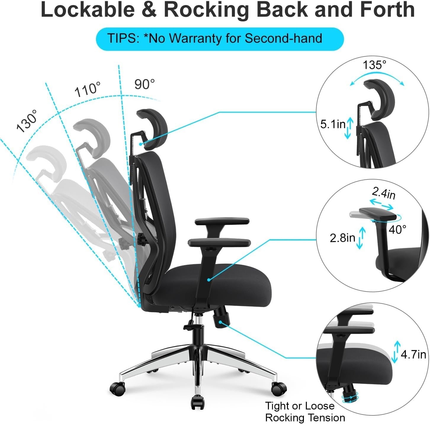 Ergonomic Office Chair Adjustable Lumbar Headrest Backrest Rocking Heavy Duty De