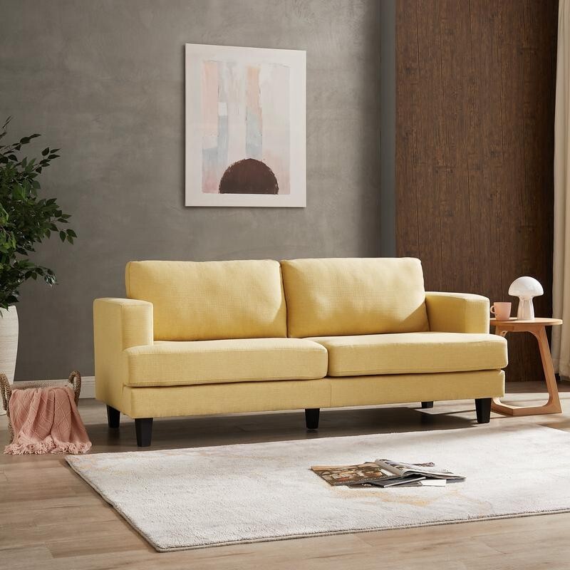 Mustard Yellow 3 Seater Sofa Linen Fabric Modern Couch with Padded Seat