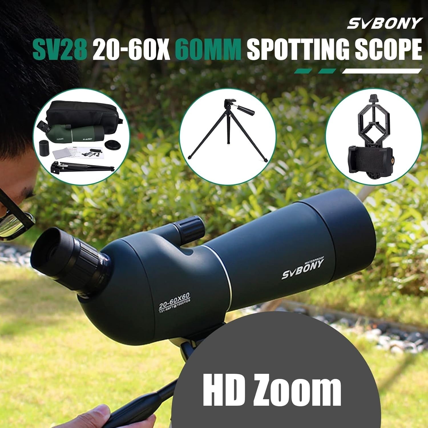20-60x60mm Spotting Scope HD BAK4 Prism Waterproof Tripod Phone Adapter
