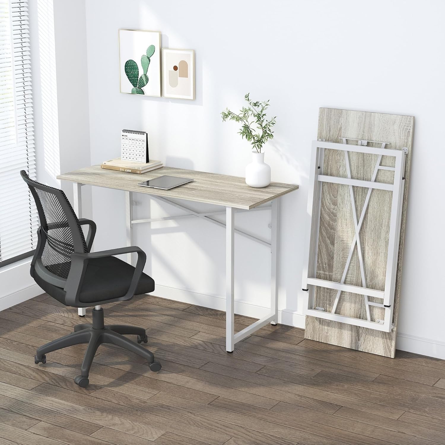 Beige Folding Desk 120cm No Assembly Required Home Office Computer Table
