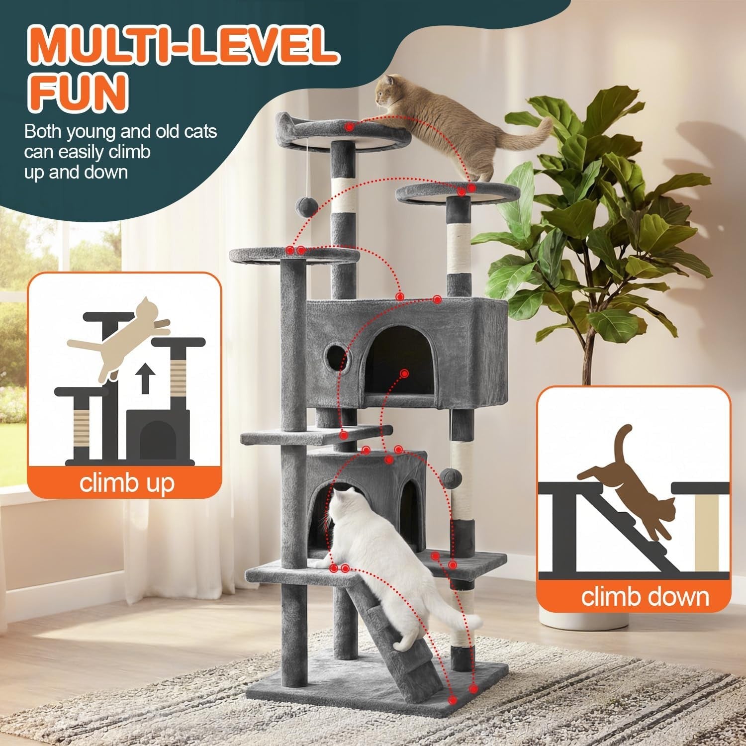 Light Grey Cat Tree Tower 139cm Multi Level with Condo Scratching Posts