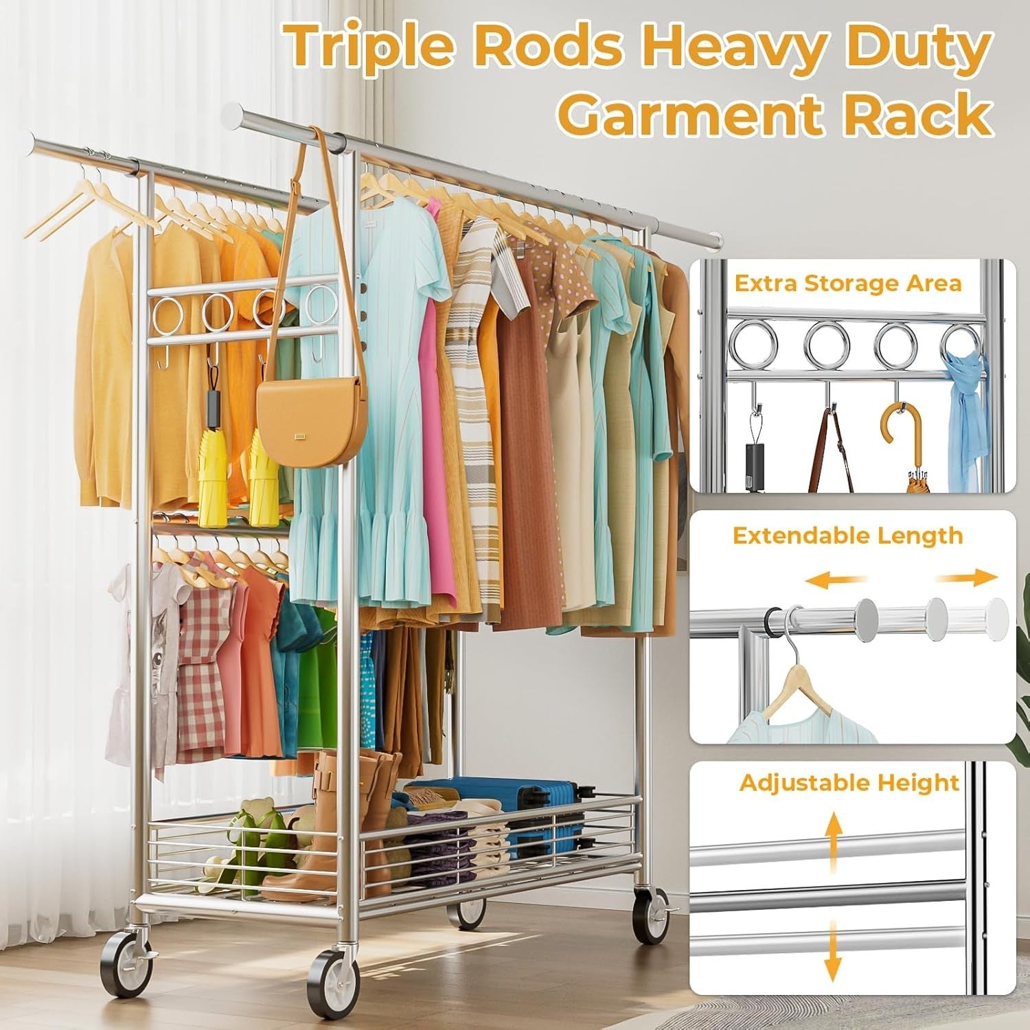 Heavy Duty Extendable Clothes Rail with Wheels, Storage Basket & 3 Hanging Rods