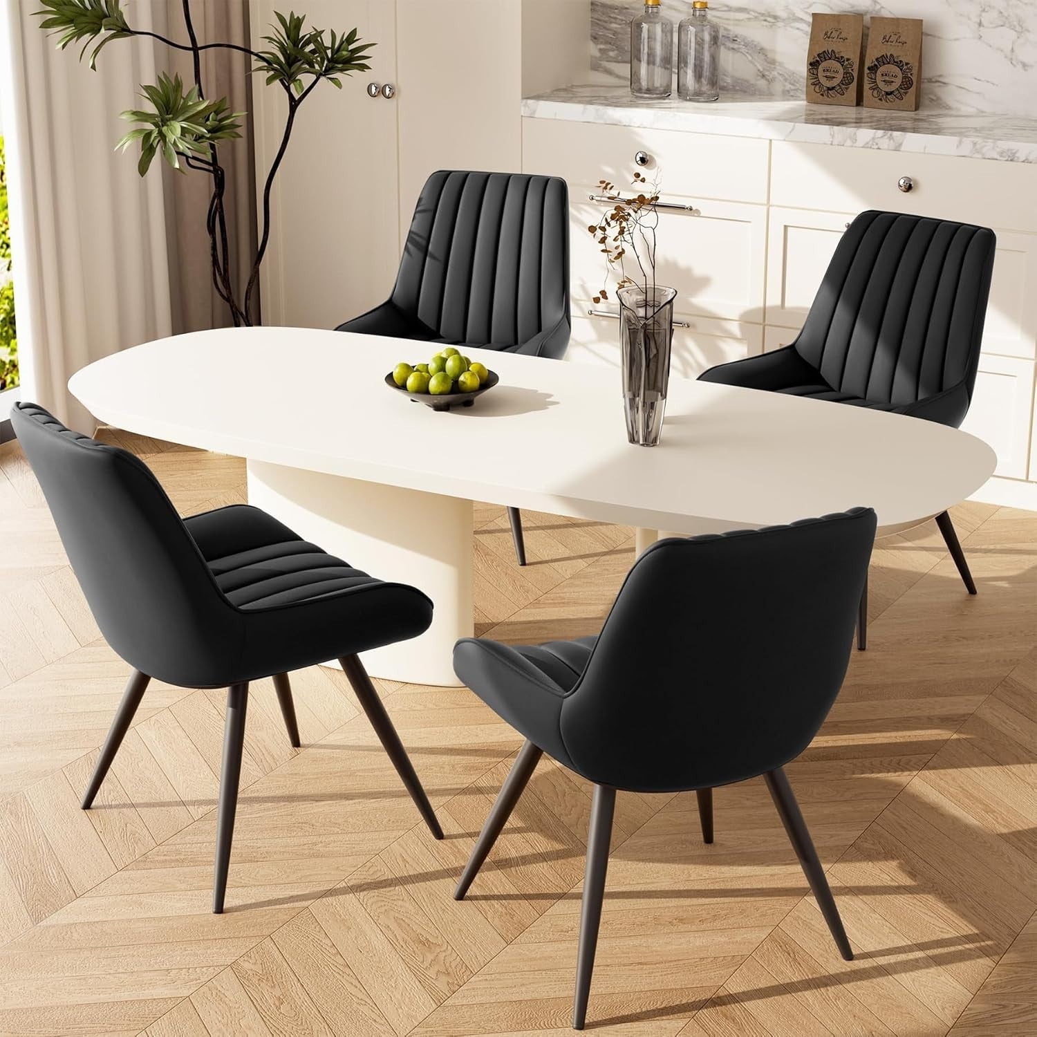 2 Black Upholstered Dining Chairs Modern Padded Seat Metal Legs Kitchen
