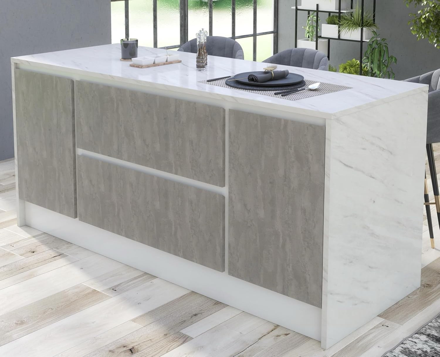 Furneo Kitchen Island with Storage, 2 Drawers & 2 Doors White Marble 170x68cm