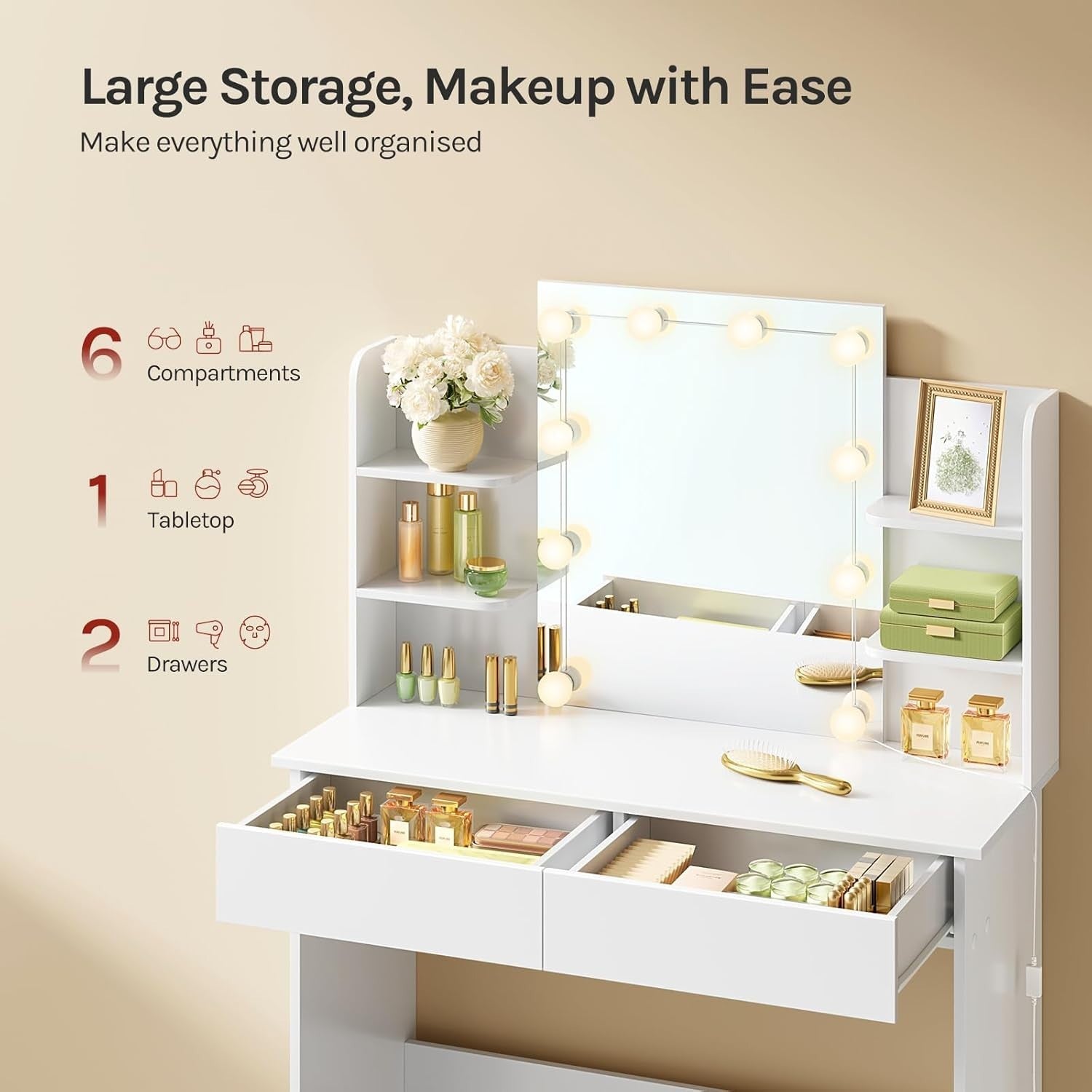 Smart Vanity Dressing Table Set Wireless Charging Bluetooth Speaker LED Mirror