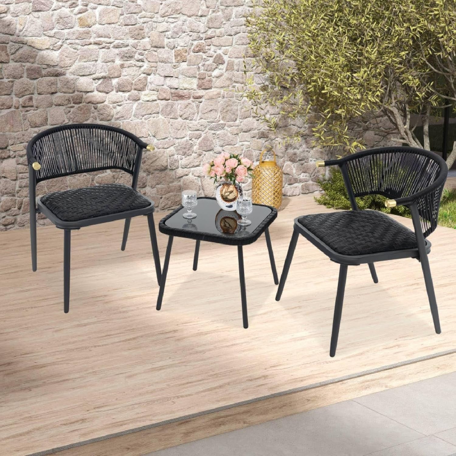 3pc Outdoor Rattan Bistro Set with Cushioned Chairs Glass Table Patio Balcony