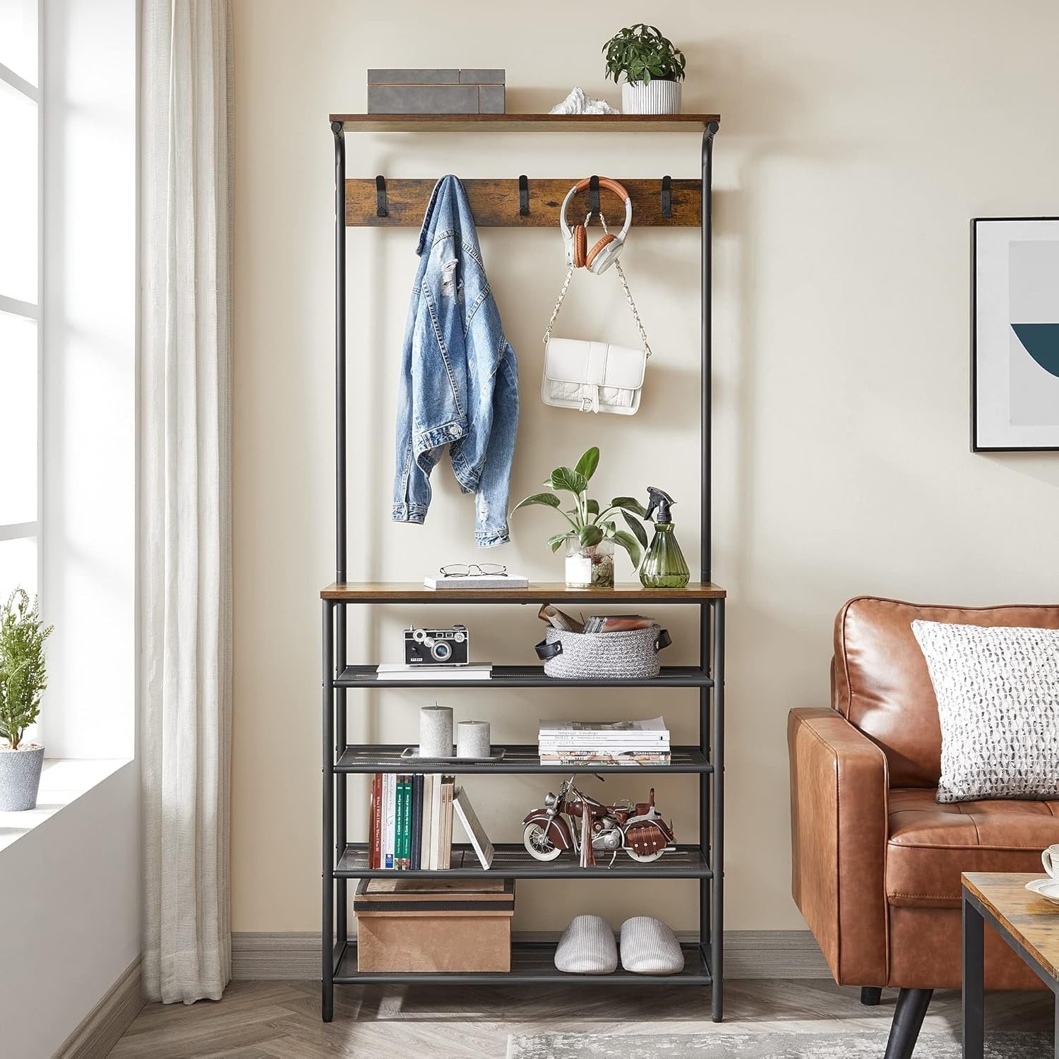 5 Tier Industrial Coat & Shoe Rack with Hooks & Top Shelf – Durable Storage