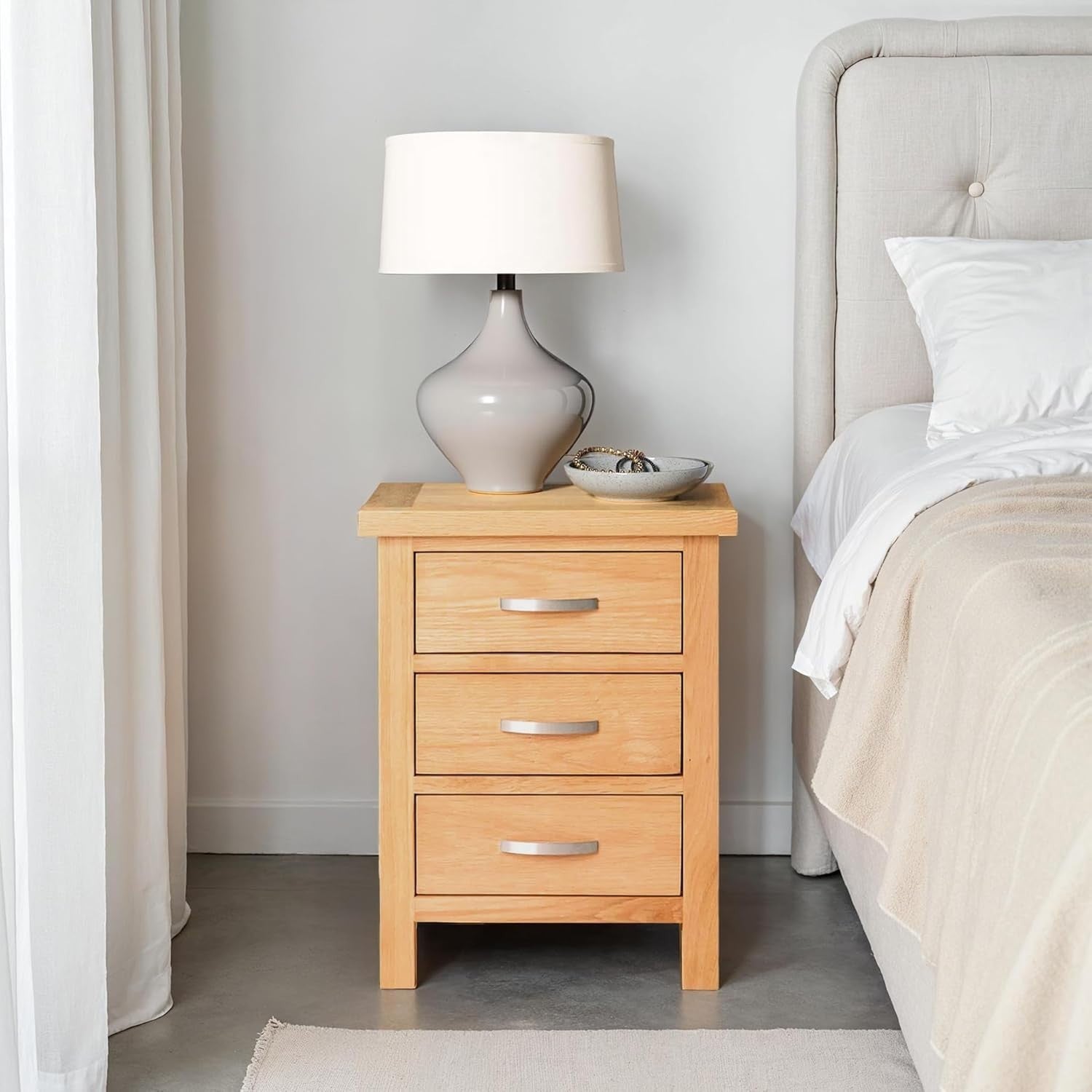 Solid Oak Bedside Tables Set of 2 with 3 Drawers – Wooden Nightstands