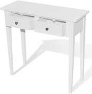 Compact White Console Table with Two Drawers, Durable MDF & Pine Wood