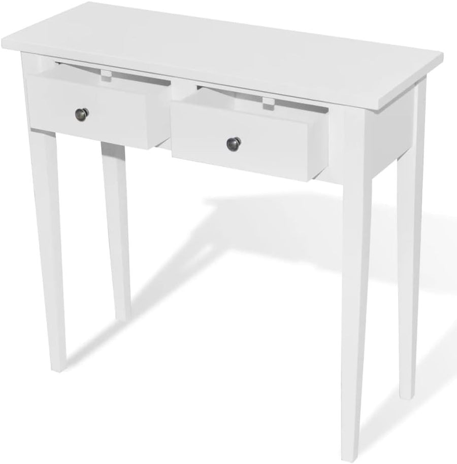 Compact White Console Table with Two Drawers, Durable MDF & Pine Wood