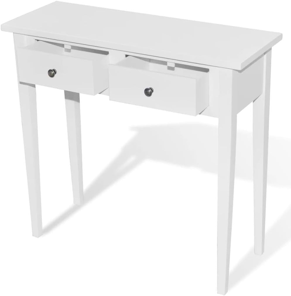 Compact White Console Table with Two Drawers, Durable MDF & Pine Wood