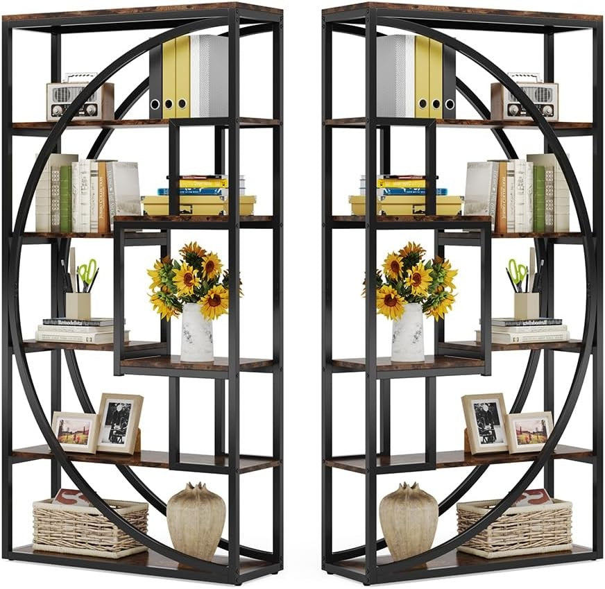 Pair of Tall Industrial 5-Tier Bookshelves with 8 Open Shelves – Vintage Brown/B