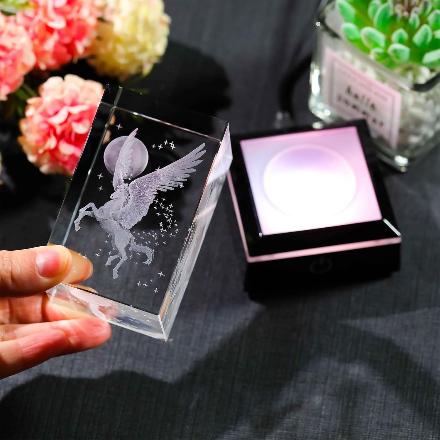 3D Crystal Flying Horse Pegasus Ornament with LED Light Base – Unicorn Moon Gift