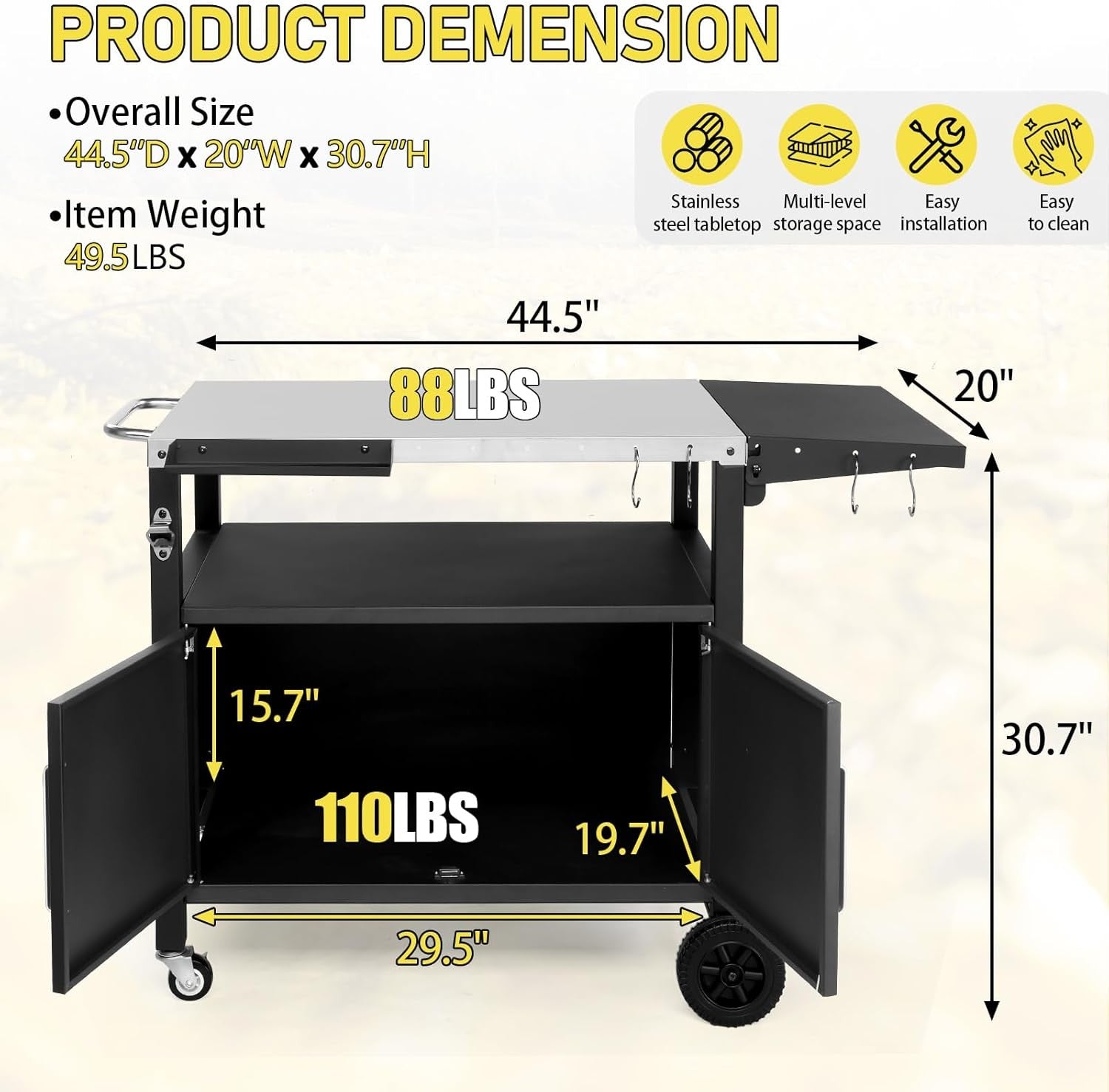 Outdoor Grill Cart BBQ Trolley Stainless Steel Top Cabinet Wheels Prep Table