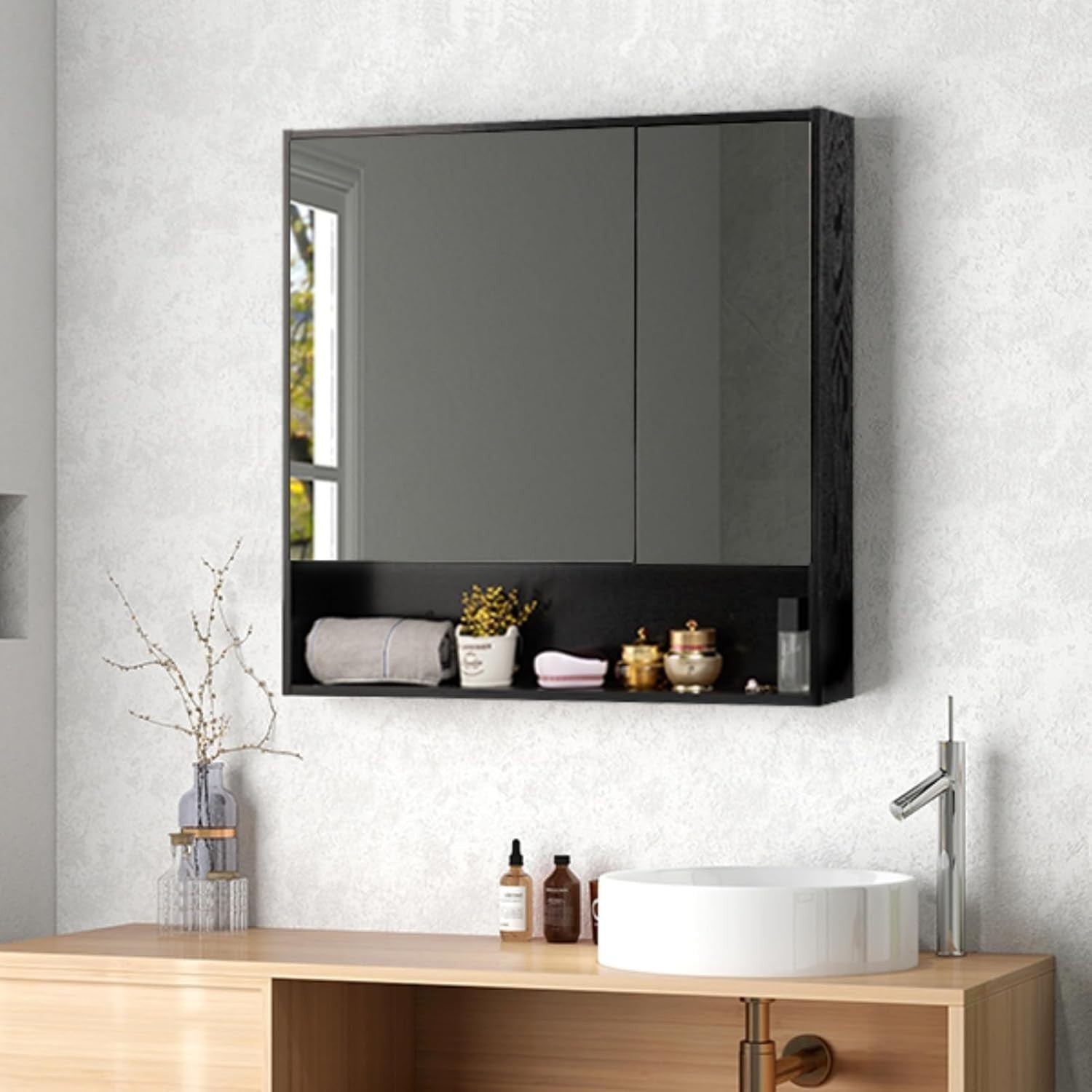 Wall Mounted Bathroom Mirror Cabinet 78x75cm Double Door Shelf Storage