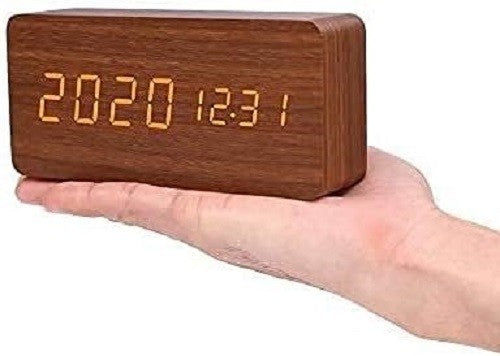 Wooden LED Digital Alarm Clock Silent Bedside Snooze Temperature