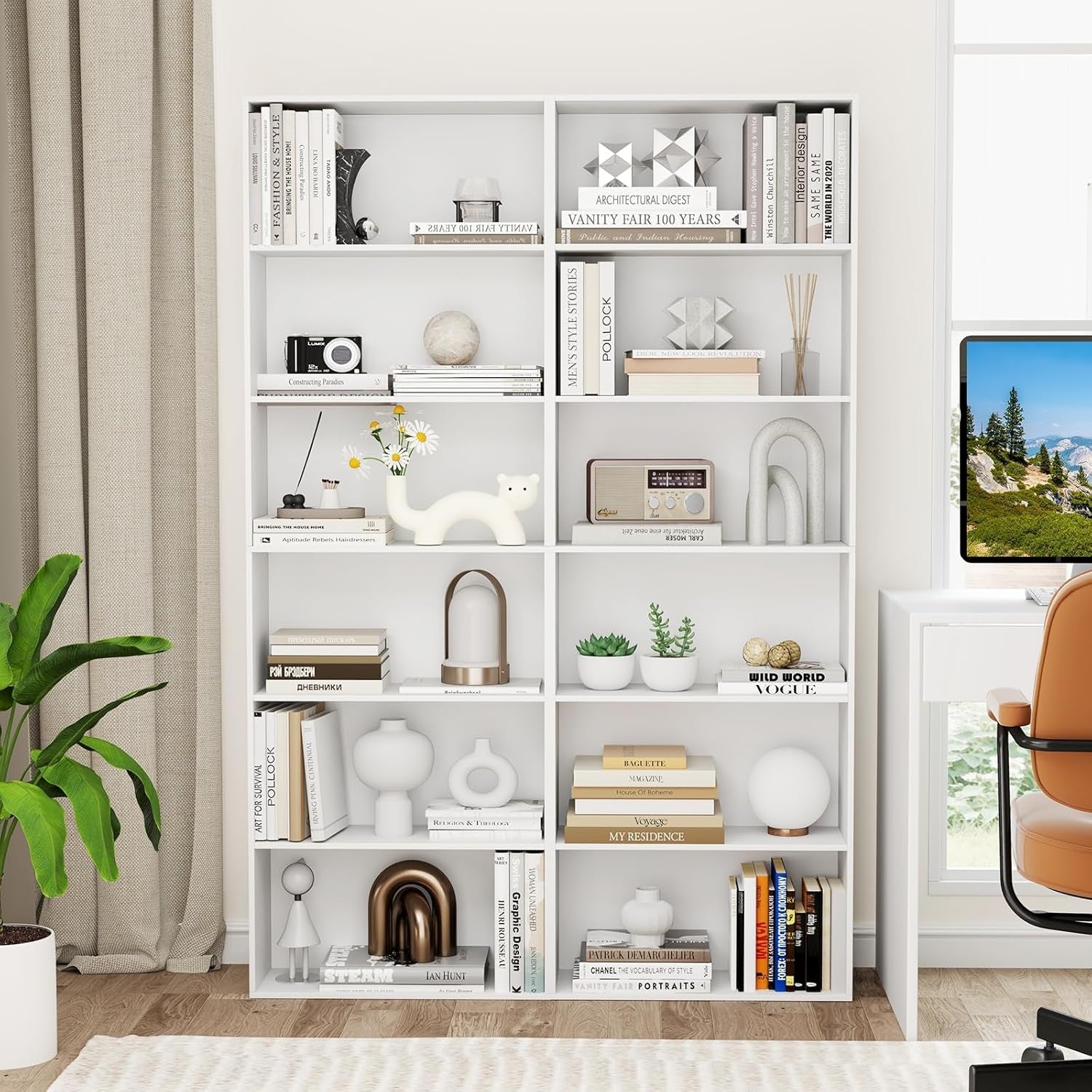 Tall White 6-Tier Bookshelf Storage Unit Modern Display Shelving for Home