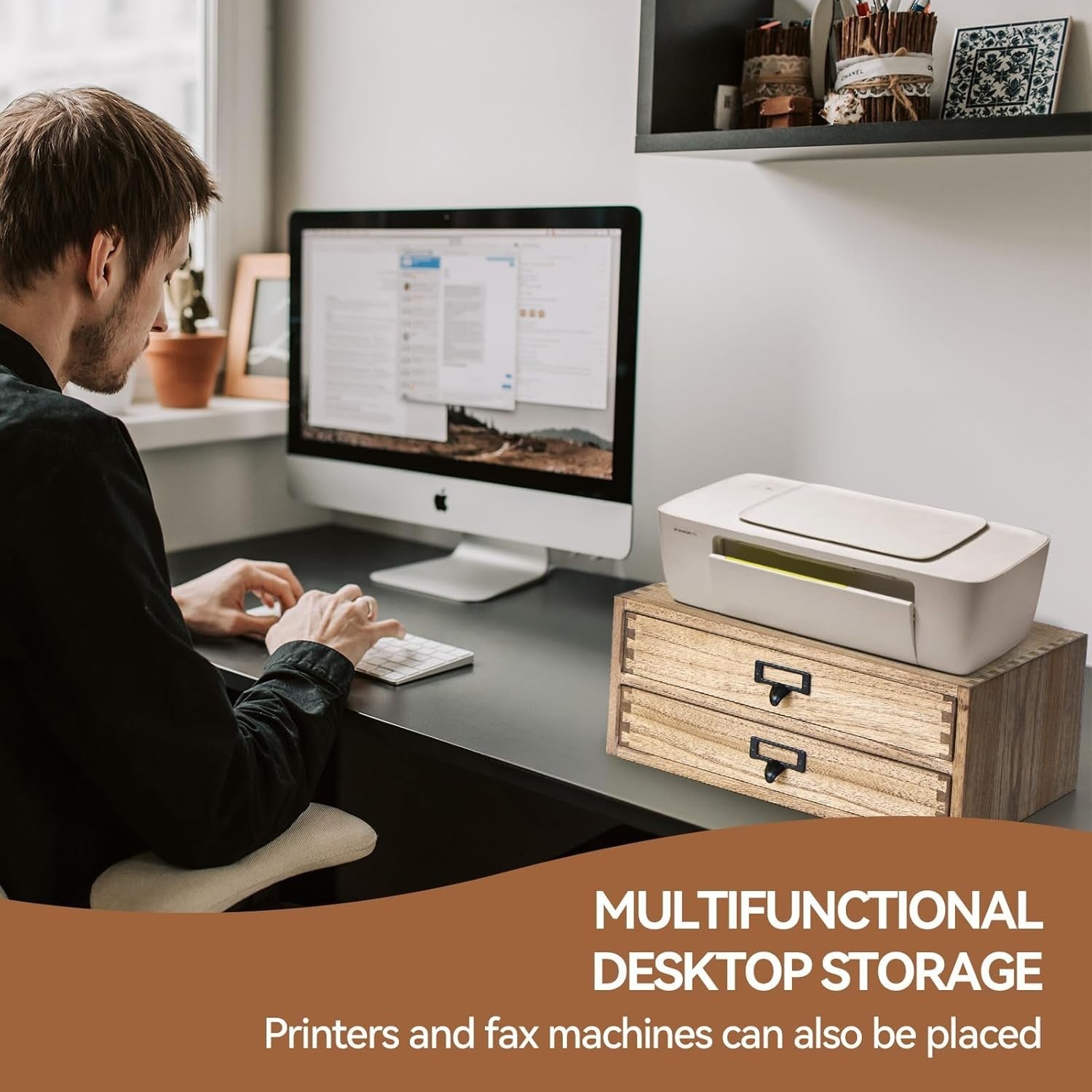 Wood Desktop File Organizer 2 Drawer Office Storage Printer Stand