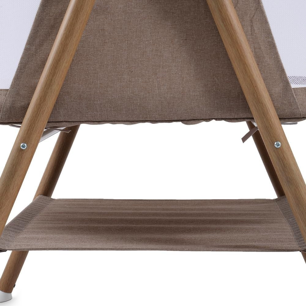 Portable Baby Crib Cot with Mesh Sides Lightweight Foldable Bed Wood Sandstone