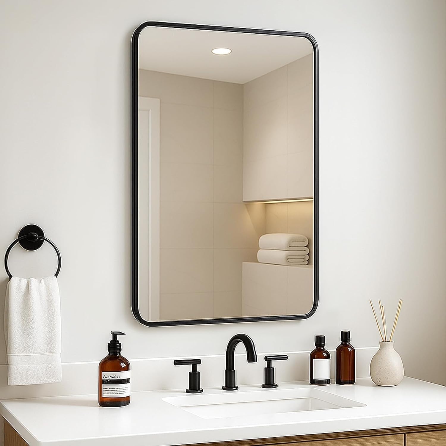 Wall Mounted Rectangle Mirror 100x70cm Black Frame Bathroom Living Room