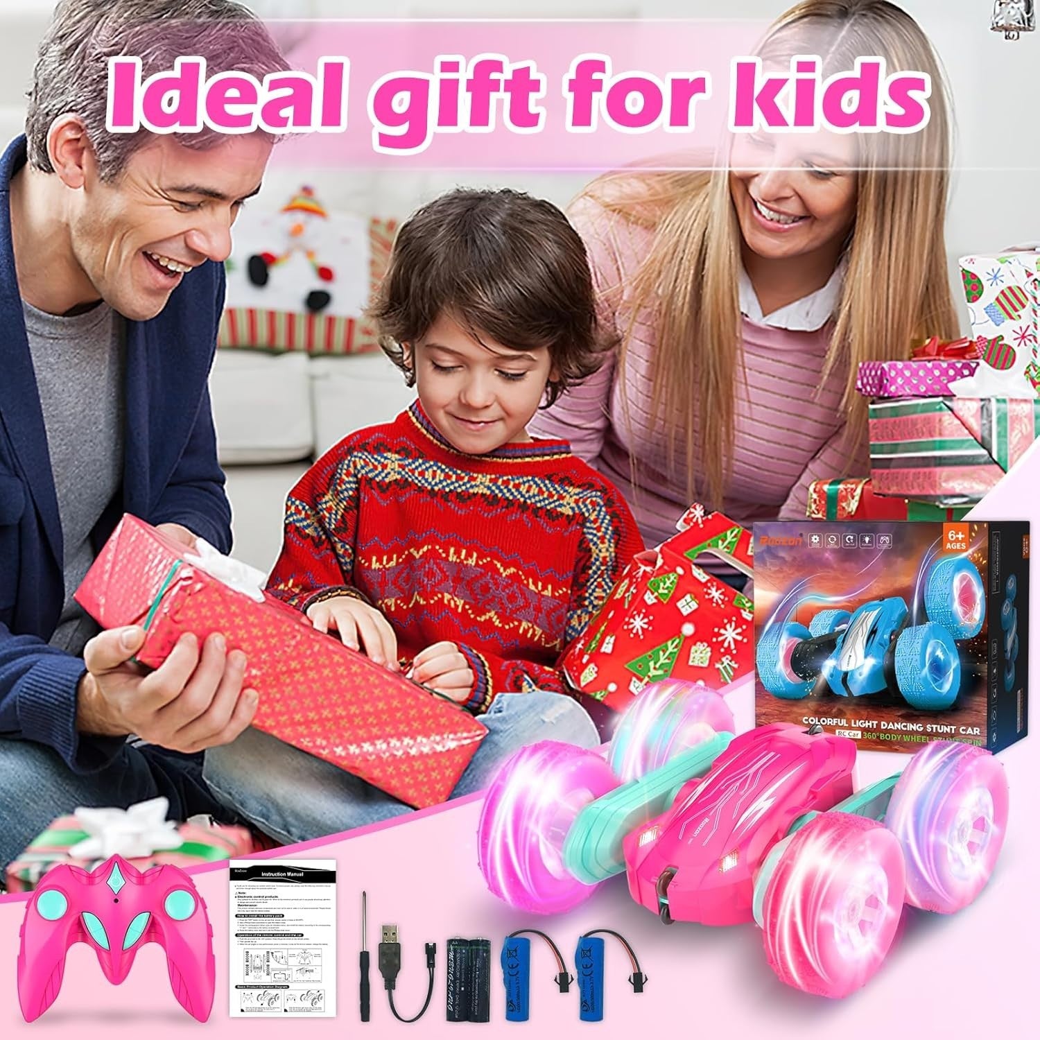Pink RC Car 4WD 360° Stunt Car with LED Lights Gift for Girls Boys Age 3-12