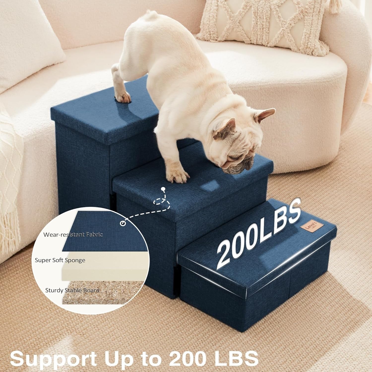 Dog Stairs 3 Step with Storage 18" High Foldable Pet Steps Navy