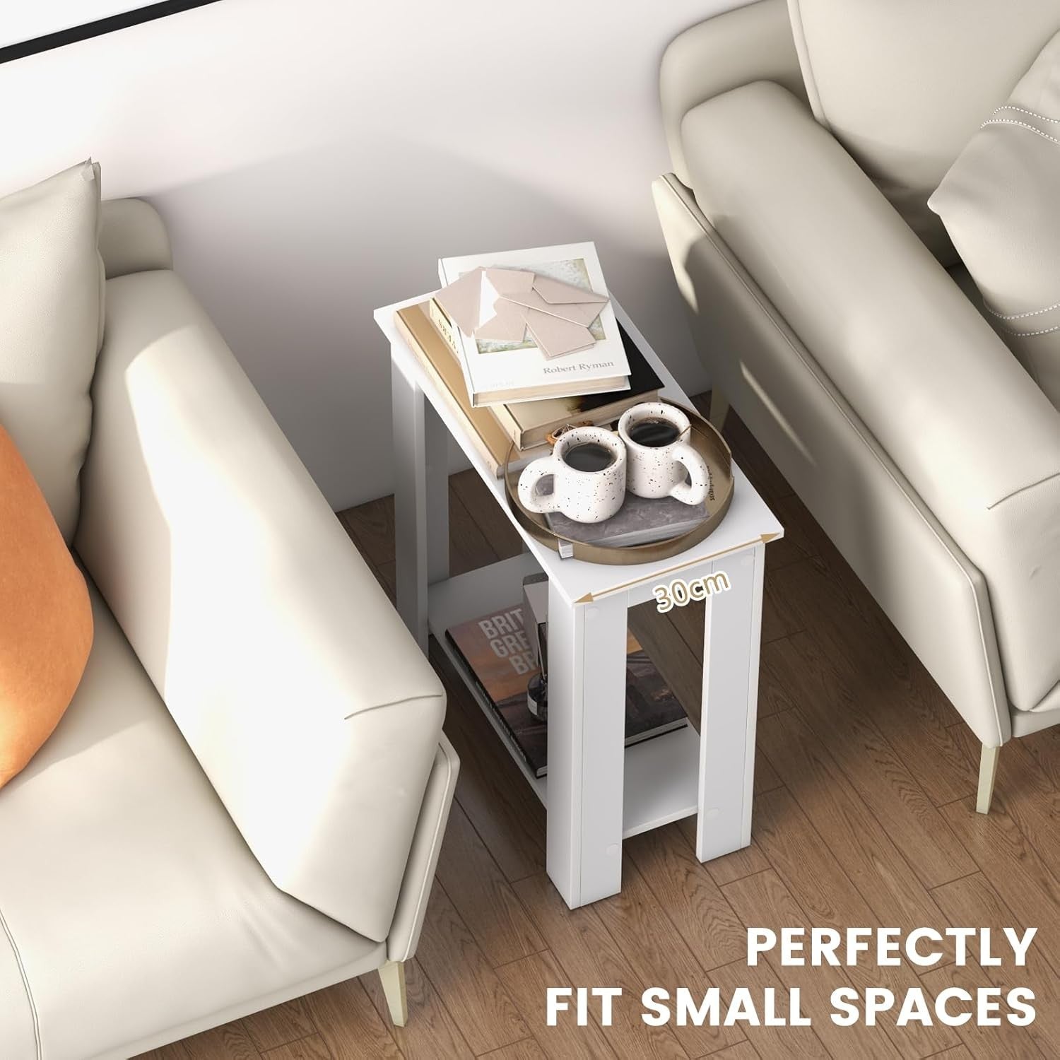 Slim White 2-Tier Bedside Table with Storage Shelf – Modern Compact Side Table