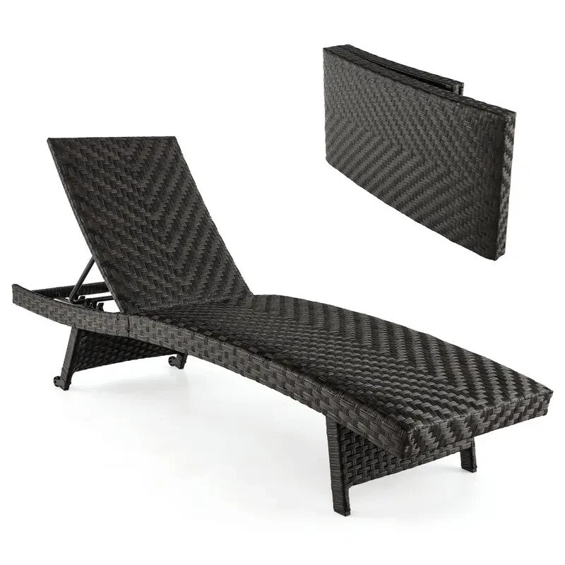 Folding Rattan Sun Lounger with Adjustable Backrest & Wheels – Outdoor Recliner