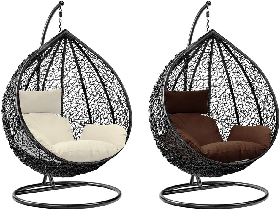 Black Rattan Egg Chair with Stand Outdoor Indoor Swing with Brown Cushion