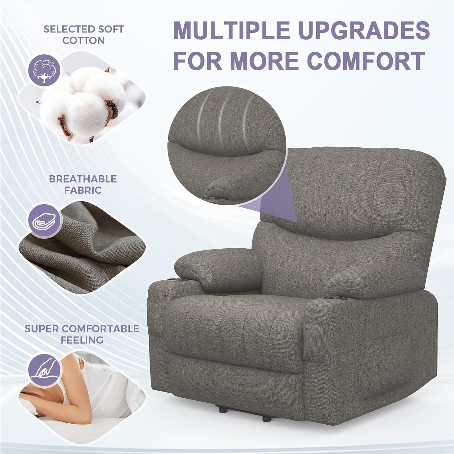 Electric Recliner Chair Massage Heat Oversized Lift USB Type-C Grey Armchair