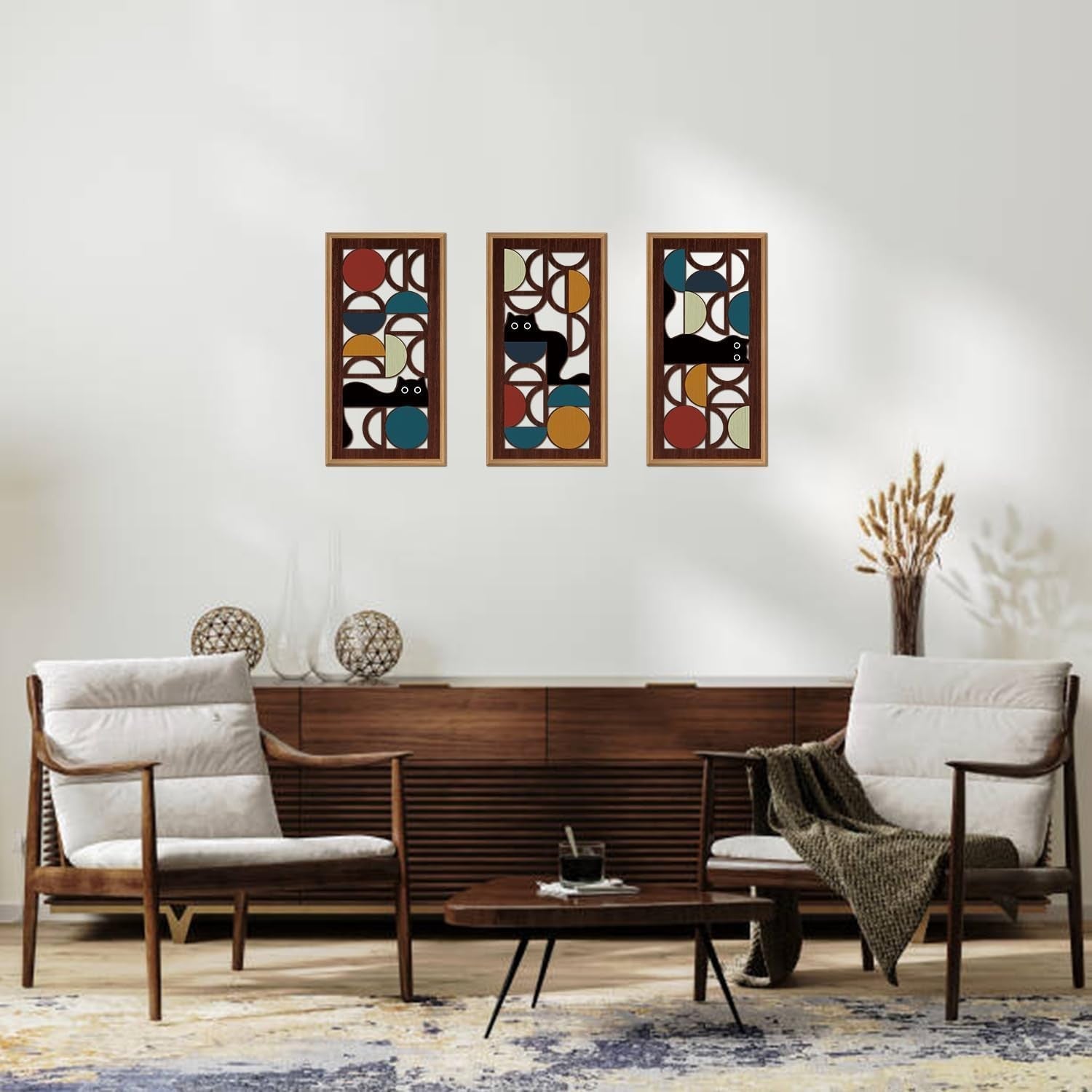 Boho Black Cat Wall Art Set of 3 Framed Geometric 20x40cm