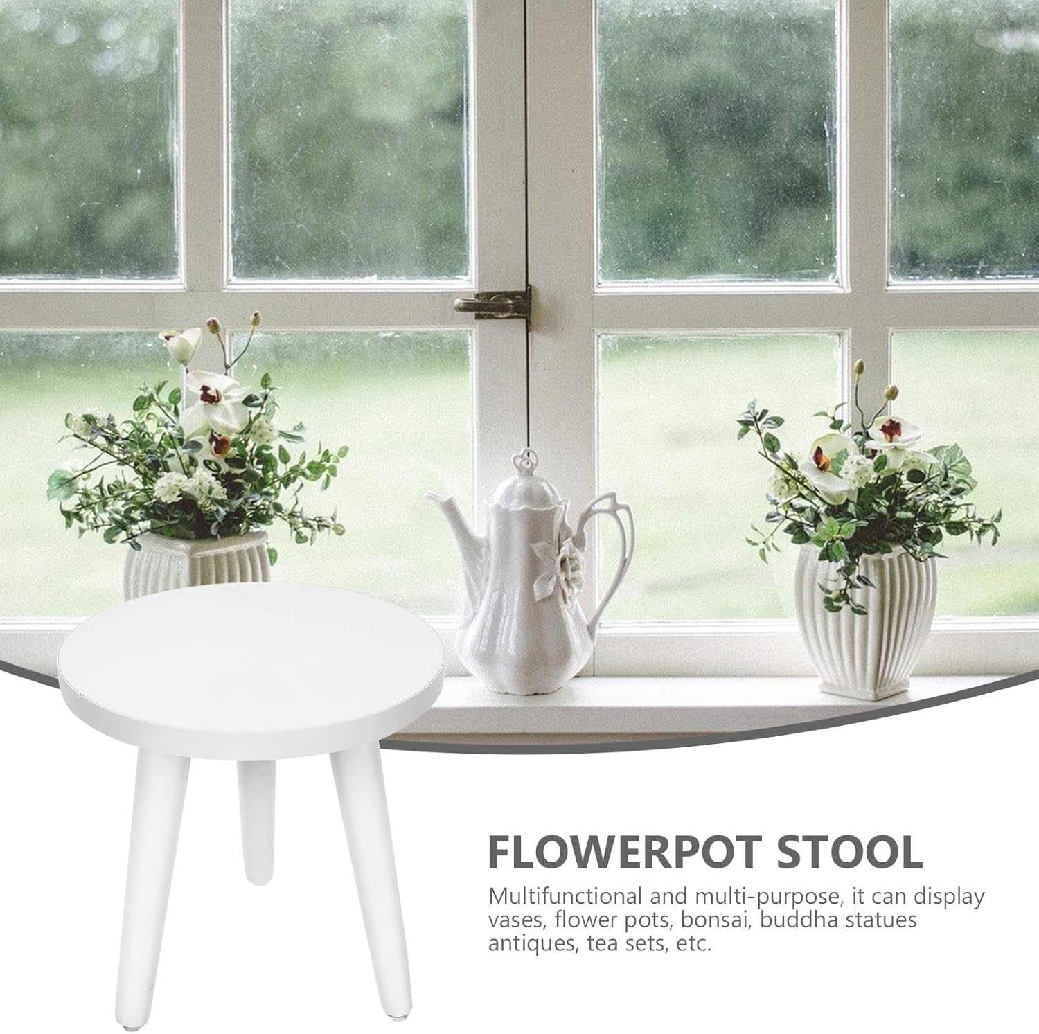 Wooden Plant Stand Indoor Flower Pot Stool Small Round Side Table White 22x20cm