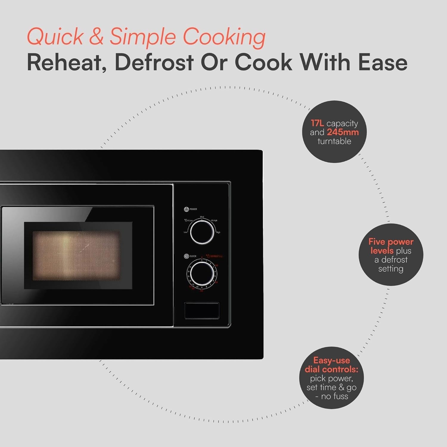 Black 17L Built-in Digital Microwave 5 Power Levels 24.5cm Turntable