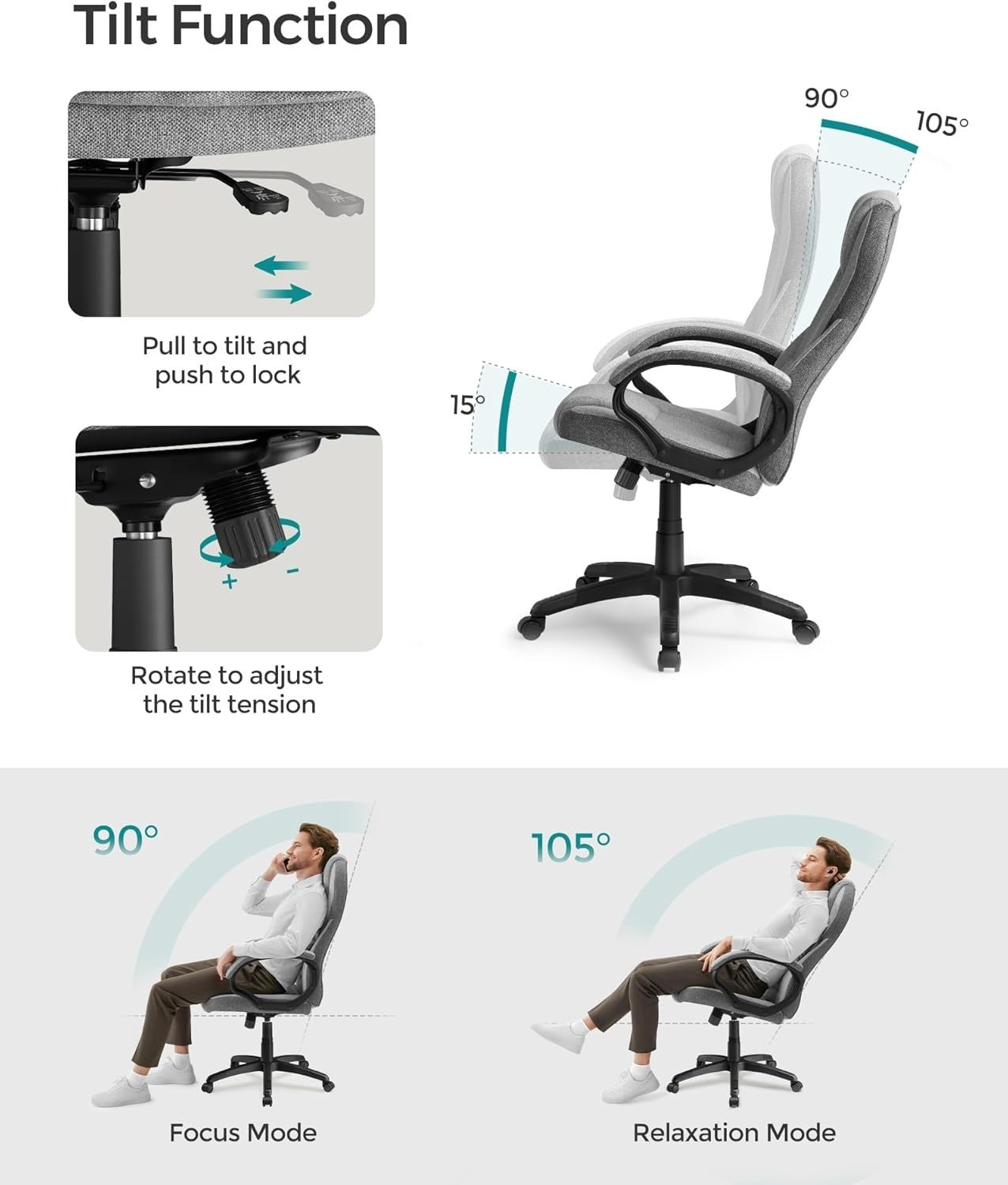 Ergonomic Office Chair Dove Grey Linen Fabric Adjustable Swivel Desk Seat