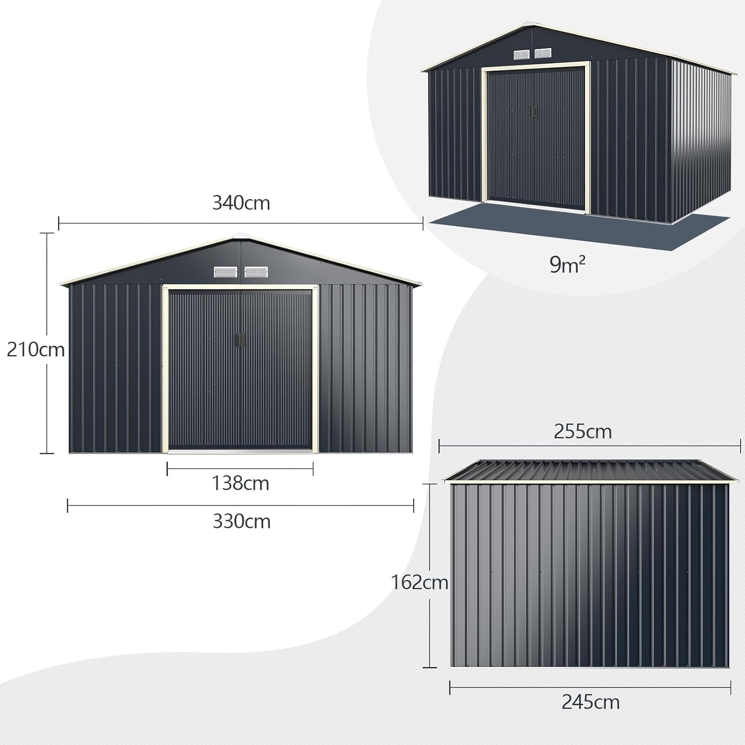 Metal Garden Shed 11x8FT Outdoor Storage with Sliding Doors & 4 Air Vents Grey