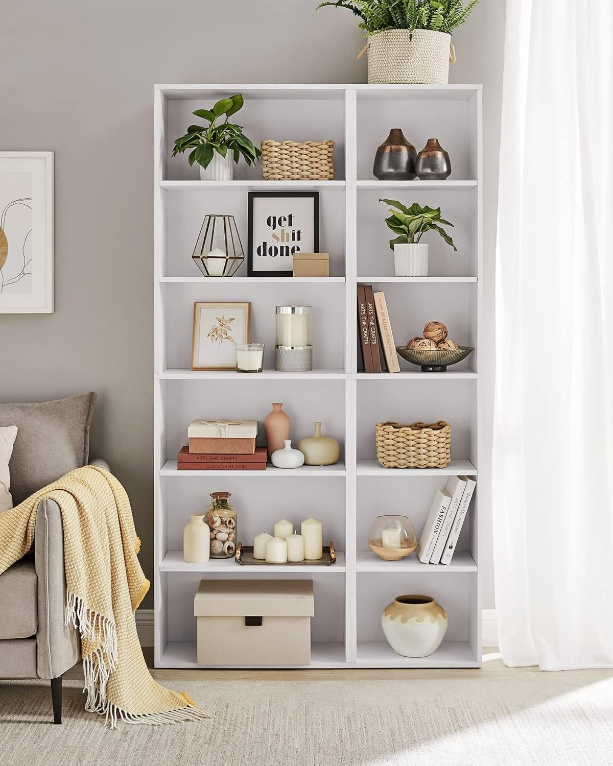 6 Tier White Wooden Bookcase Tall Storage Display Book Shelf for Living Room