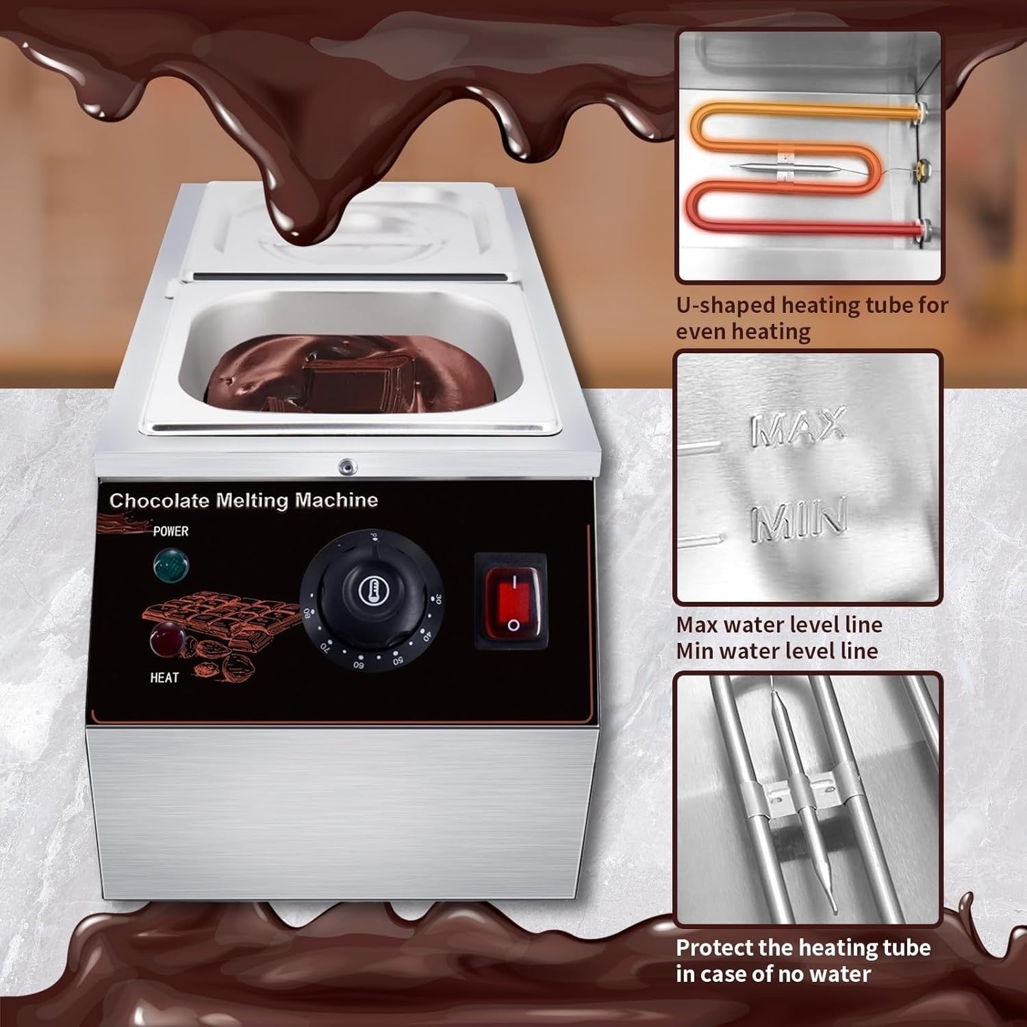 600W Chocolate Melting Machine 2x1.55L Tempering Pot Stainless Steel