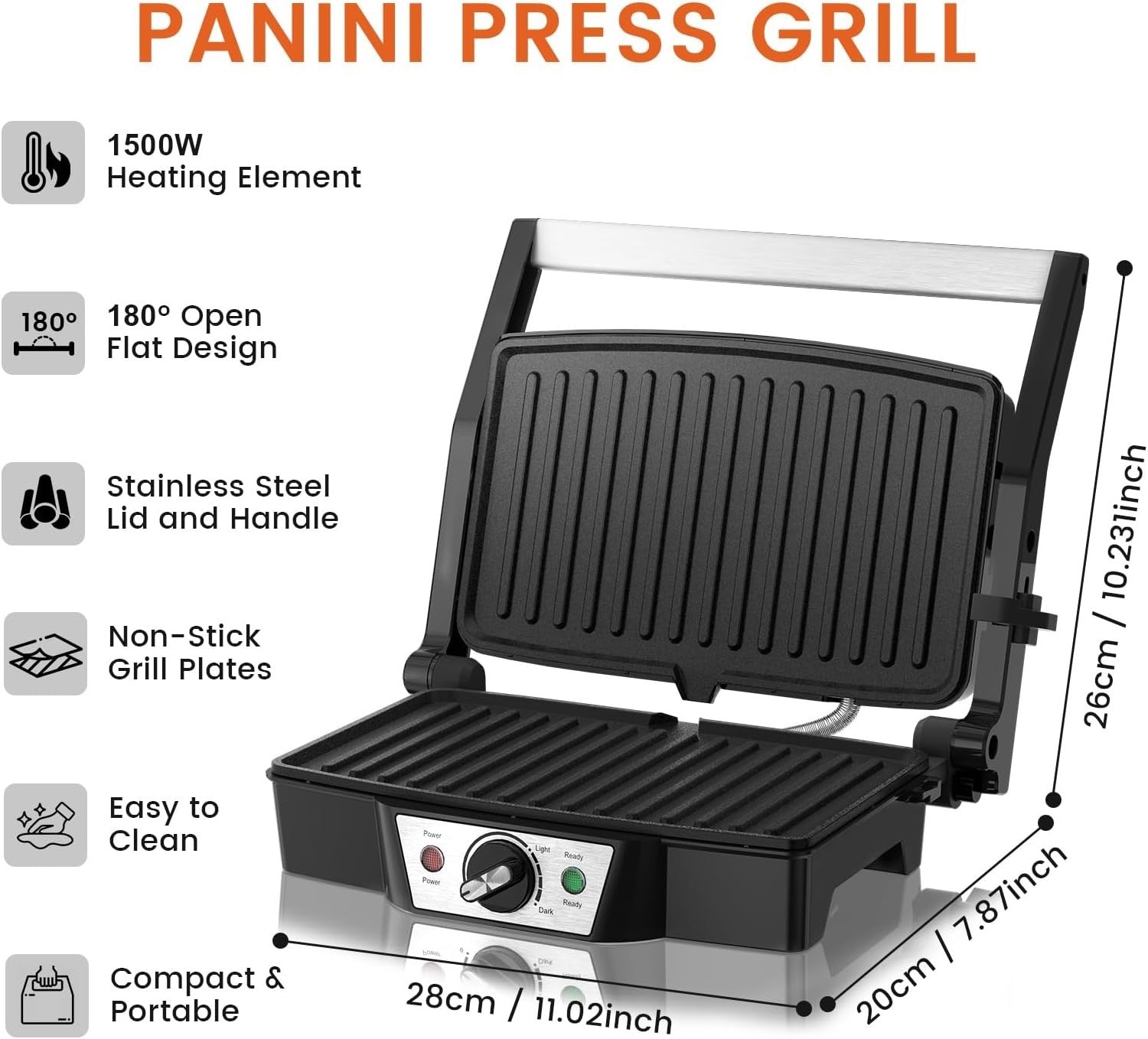 Panini Press Grill Sandwich Maker 1500W Non-Stick Adjustable Temp 180°