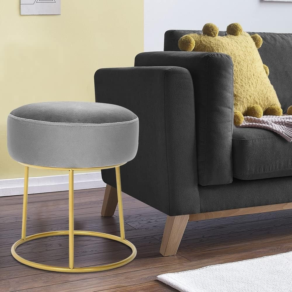 Grey Velvet Round Dressing Table Stool Ottoman Footrest with Metal Base