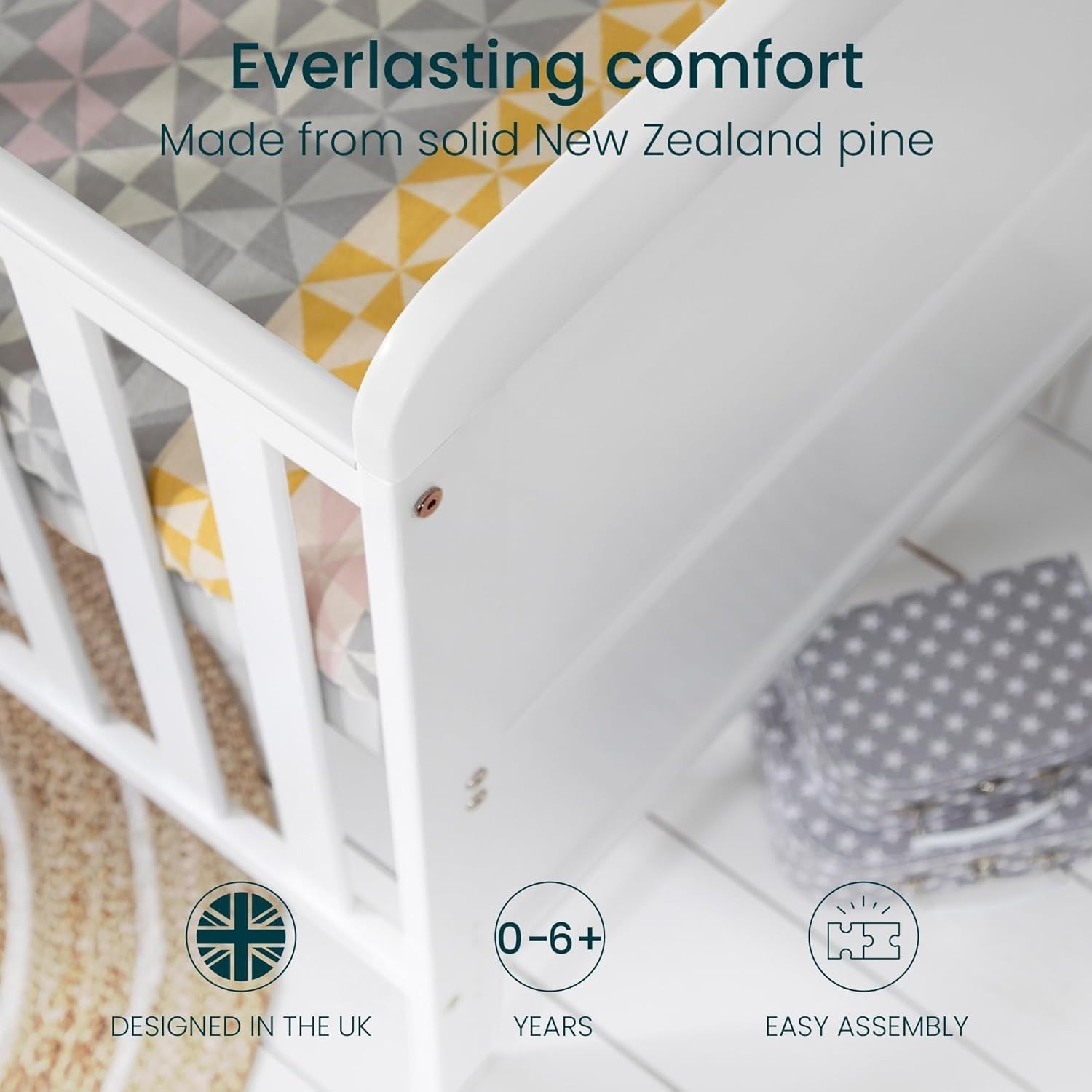 3in1 Mini Cot Bed with Drawer Toddler Sofa Adjustable Height Wooden Frame White