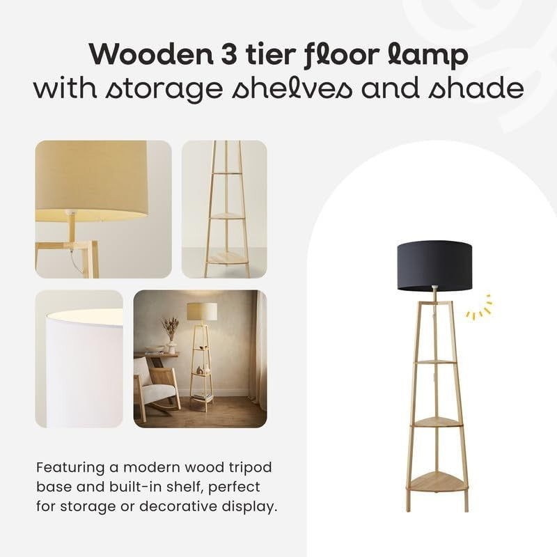 Wooden Floor Lamp with Shelves Grey Shade Storage Standing Light LED