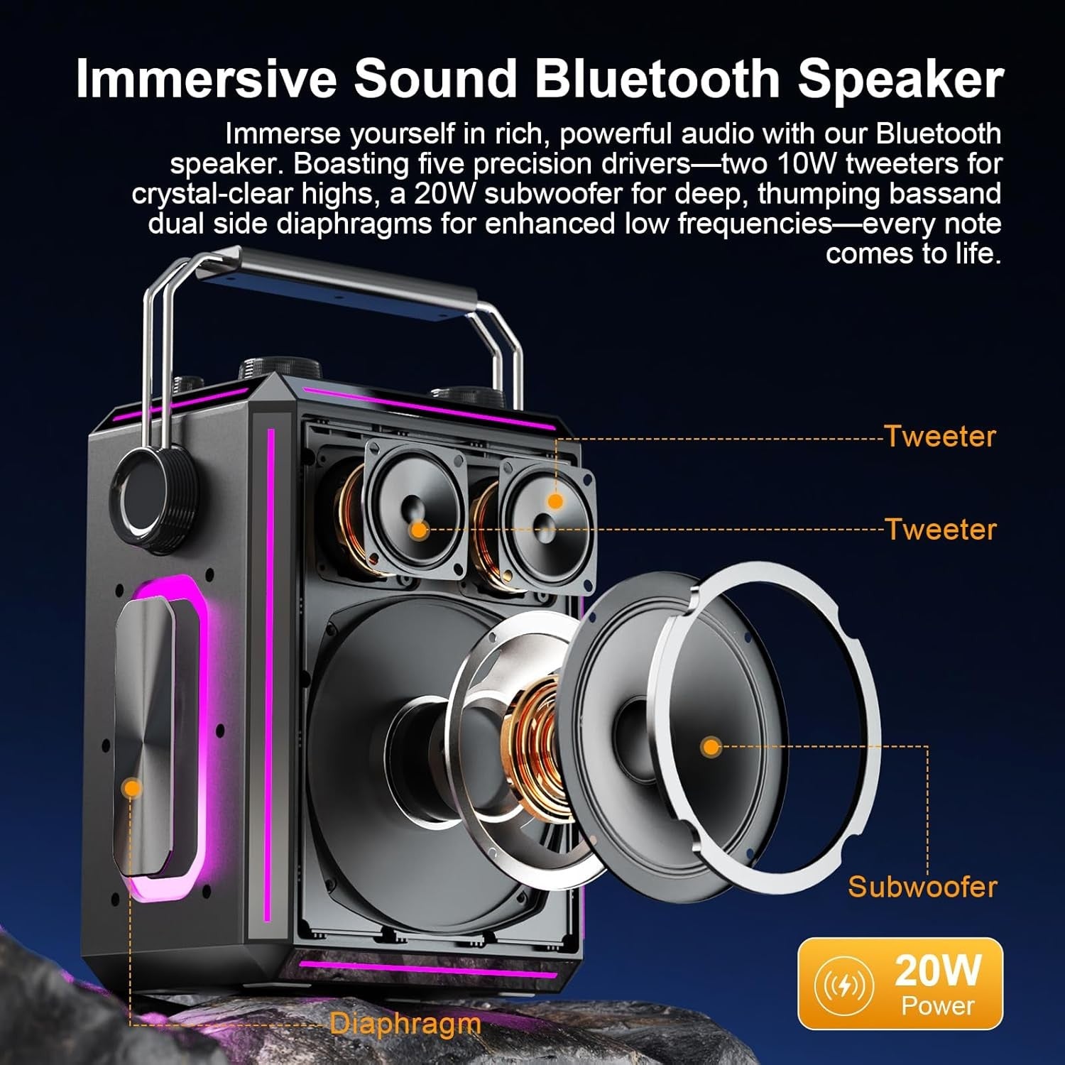 Black Bluetooth Karaoke Speaker with 2 Wireless Mics RGB Party