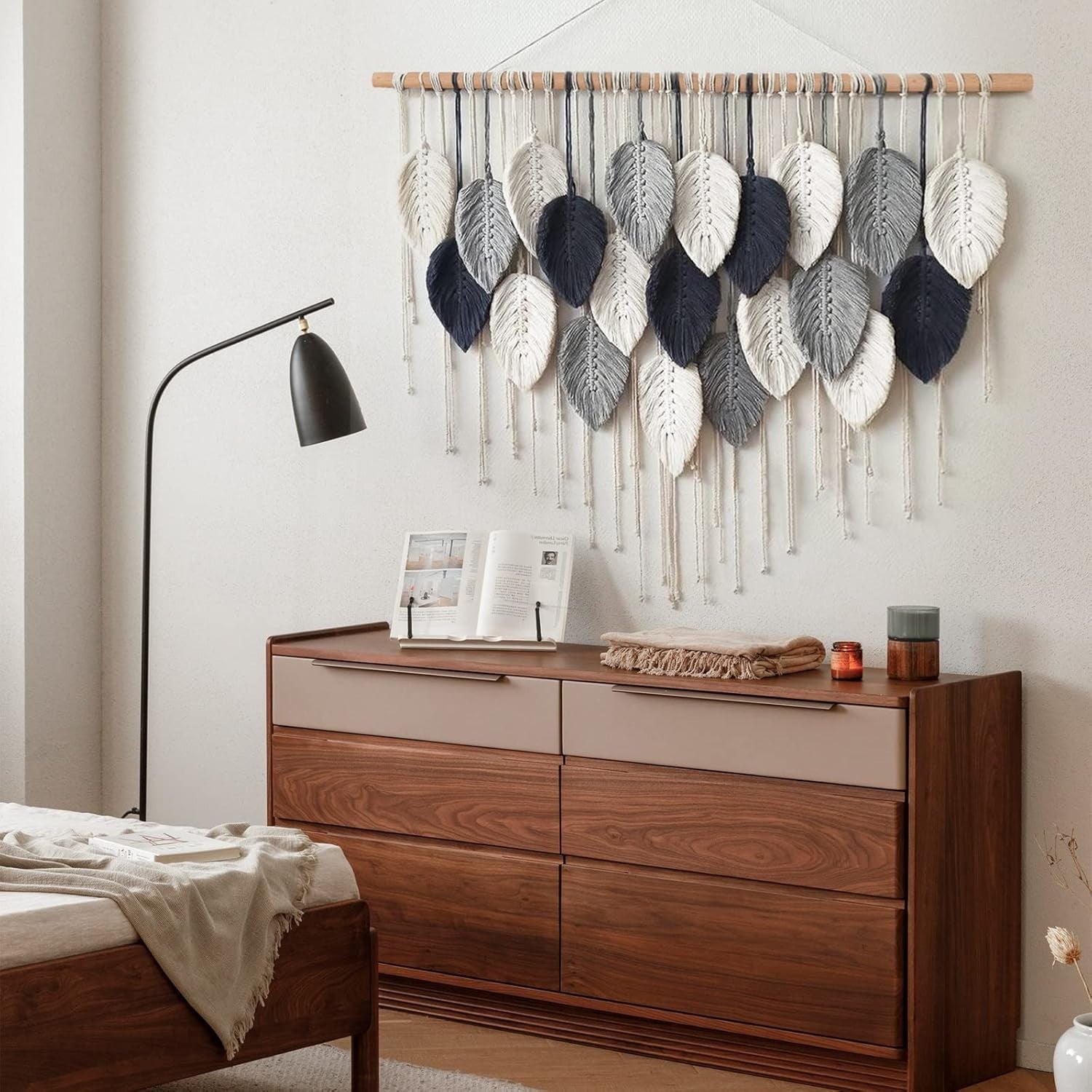 Large Boho Macrame Wall Hanging Leaf Woven Decor Blue