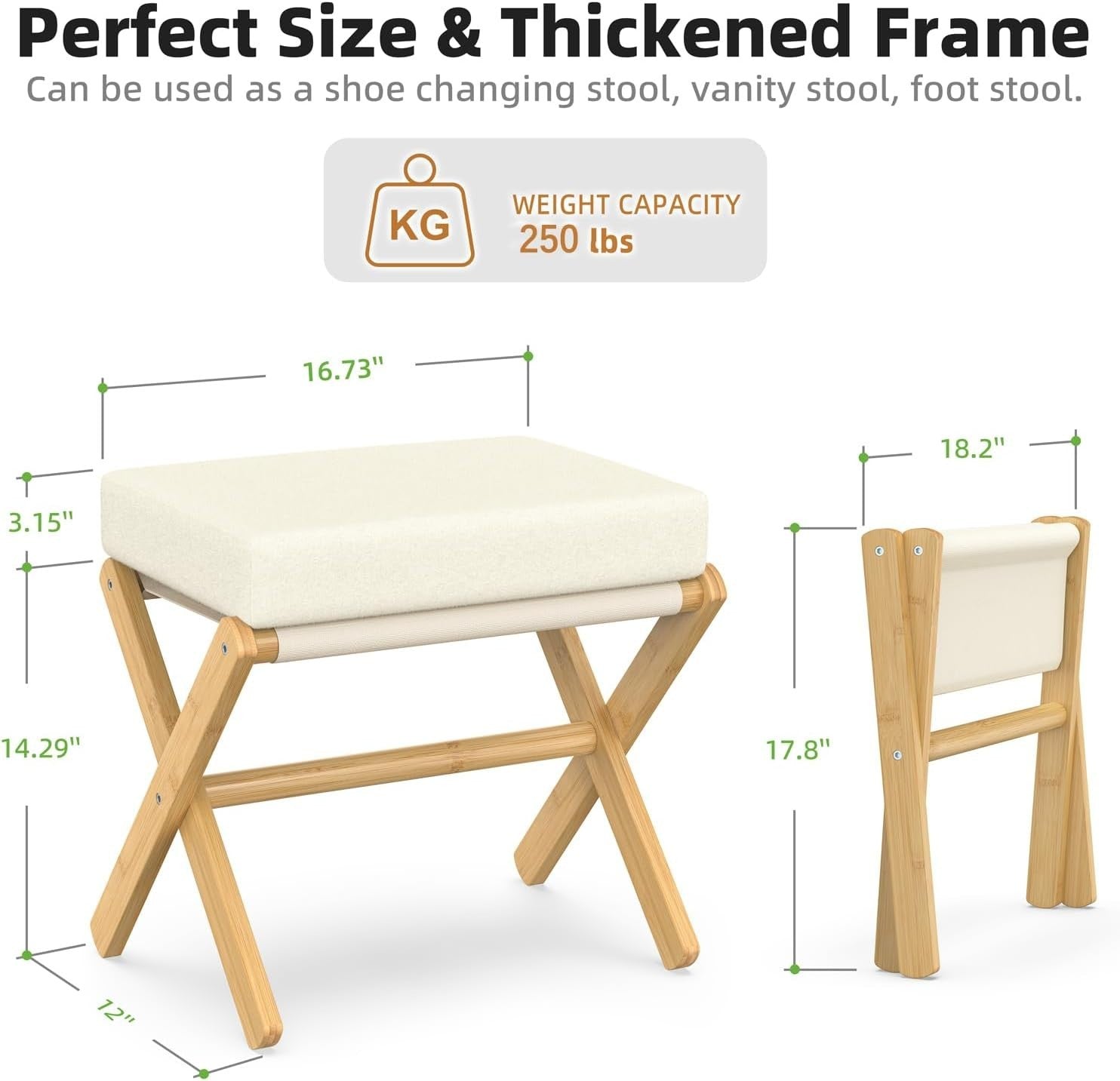 Natural Bamboo Foldable Footstool Ottoman with Beige Chenille Cushion