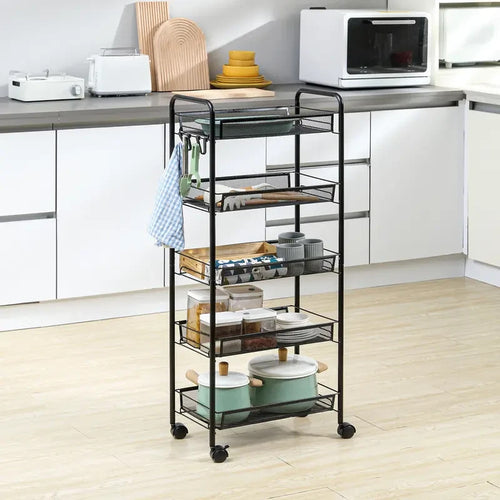 Black 5-Tier Rolling Storage Cart with Mesh Baskets & Lockable Wheels