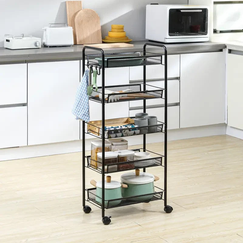 Black 5-Tier Rolling Storage Cart with Mesh Baskets & Lockable Wheels